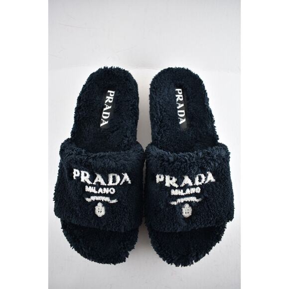 Prada Black Terry Cloth White Logo Slide Sandal Rubber Flip Flop Flat UK12 US 13 - Picture 8 of 12